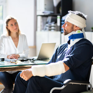 A man in a wheelchair with a cast on his arm, accompanied by a woman seated at a desk, discussing workers' compensation in Georgia. - Sexton Weldon Law Firm