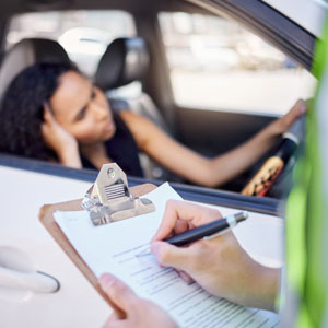 Officer issuing a traffic violation ticket to a frustrated driver during a traffic stop - Sexton Weldon Law Firm