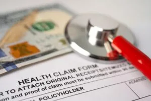 Health insurance accident claim form with stethoscope, Medical concept.